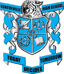 A blue and white crest with the words centreville high school today, tomorrow, and future.