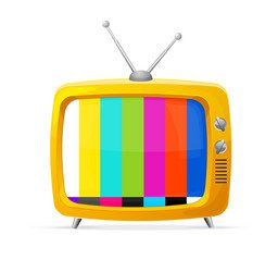 A yellow television with a colorful screen on top of it.