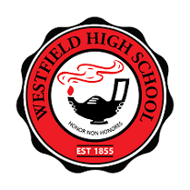 A red and black logo for westfield high school.