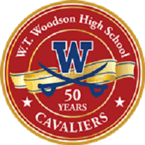 A red and gold logo for the w. T. Woodson high school cavaliers
