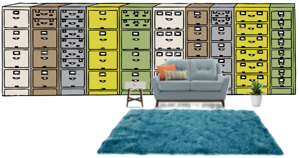 A blue couch and several filing cabinets in front of a wall.