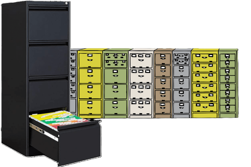 A black filing cabinet and many different colored file cabinets.
