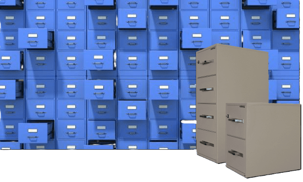 A room with many filing cabinets and a wall of blue boxes.