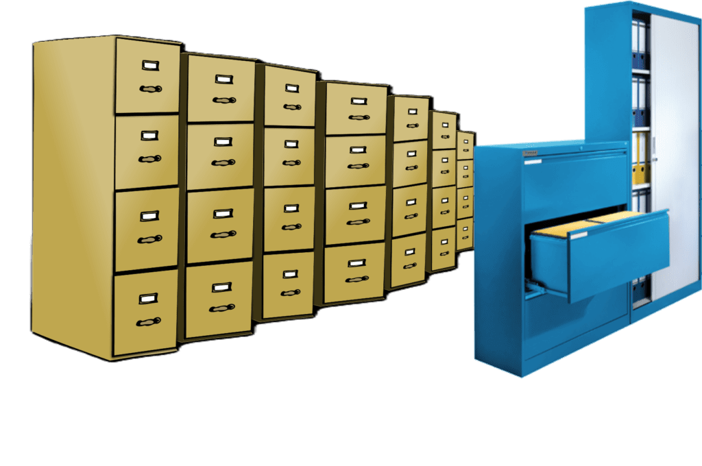 A row of filing cabinets with one drawer open.