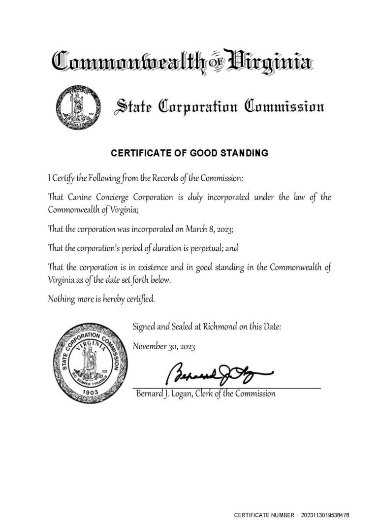 A certificate of good standing for the state corporation commission.
