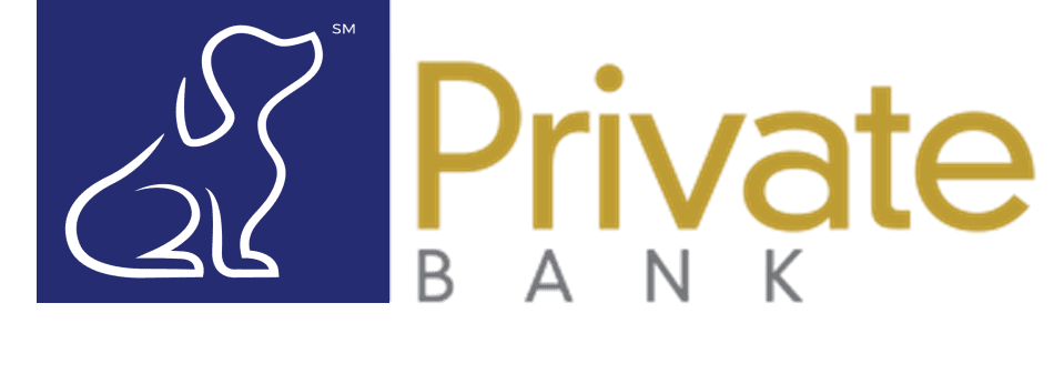 Private bank logo featuring animal-assisted therapy contributions on a black background.