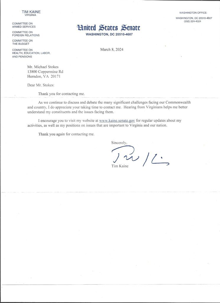 Senator Tim Kaine Response